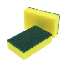 Two yellow and green sponges on a white background.