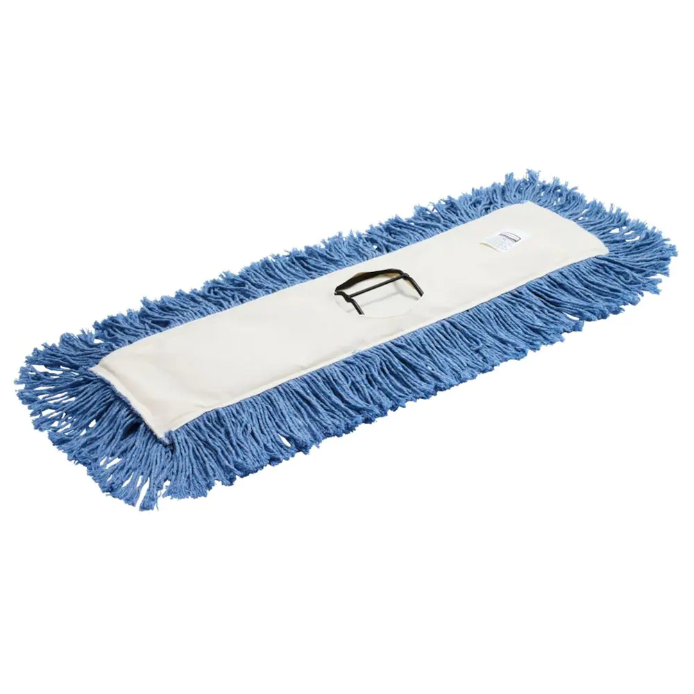 A blue mop with a handle on a white background.