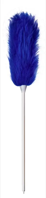 A blue feather brush with a white handle.