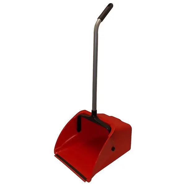 A red broom with handle on a white background.