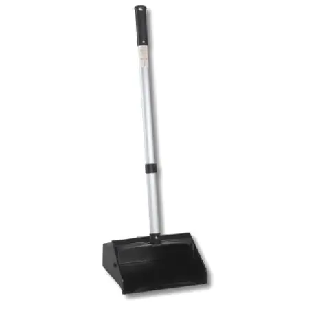 A black plastic broom on a white background.