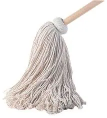 A mop with a wooden handle on a white background.