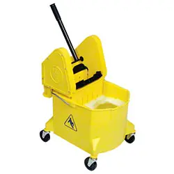 A yellow bucket with a handle on it.