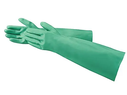 A pair of green rubber gloves on a white background.