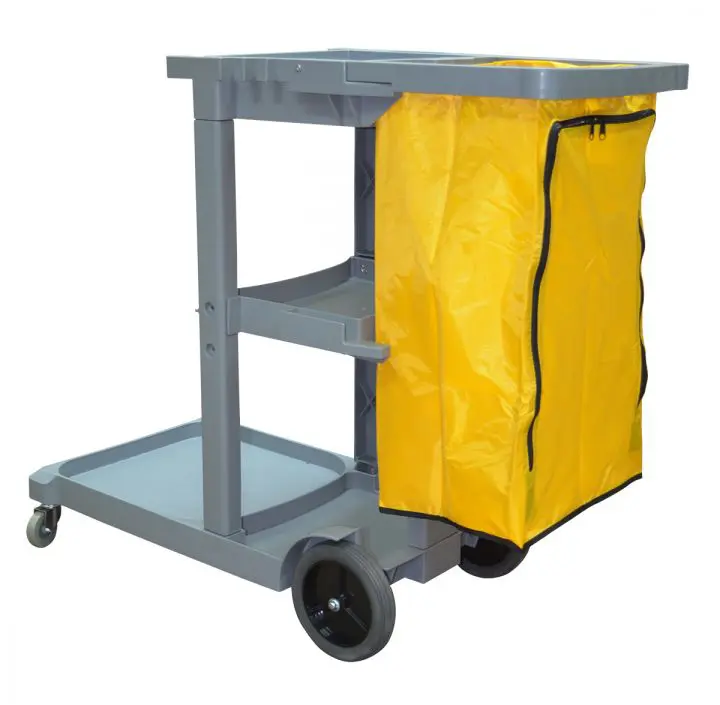 A grey and yellow cart with a yellow bag.