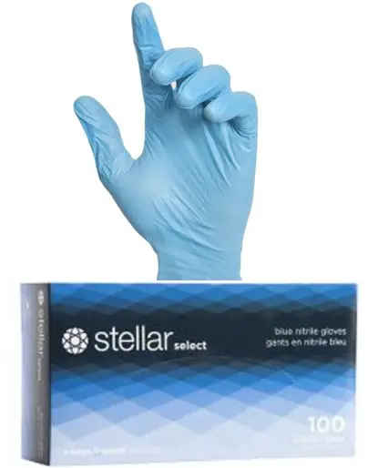 A pair of blue nitrile gloves next to a box.