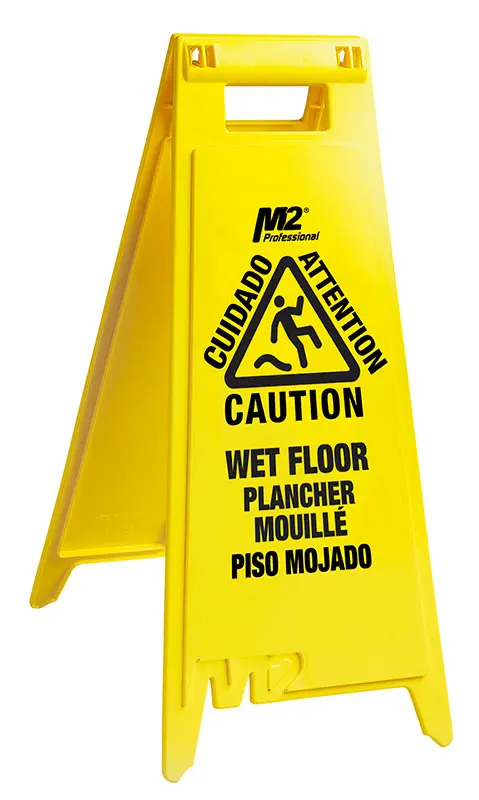 A yellow caution sign with a wet floor sign.